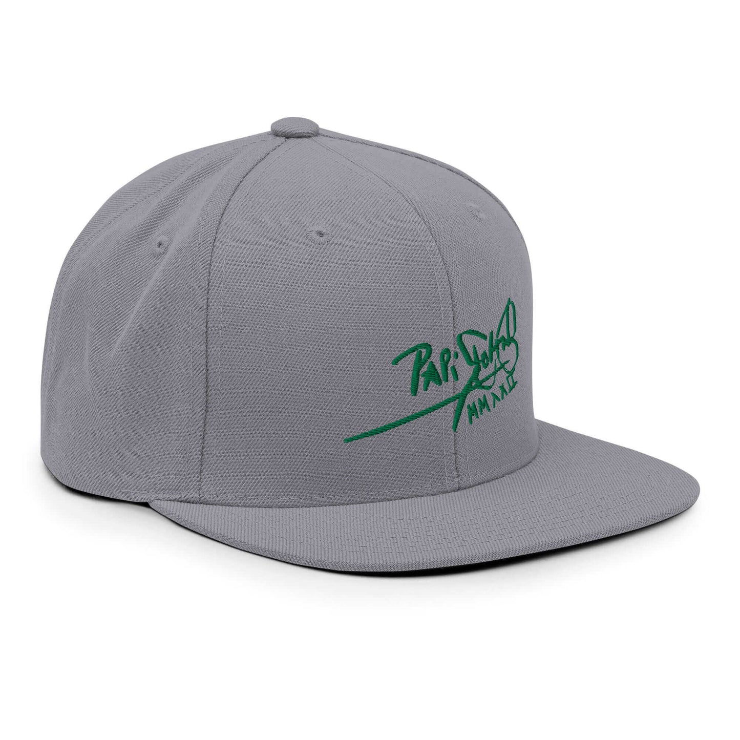 PapiJohn® The Green Signature Classic Snapback in metallic silver right profile displaying the elevated crown rigidity and exact flat bill outline | Streetwear d'Auteur