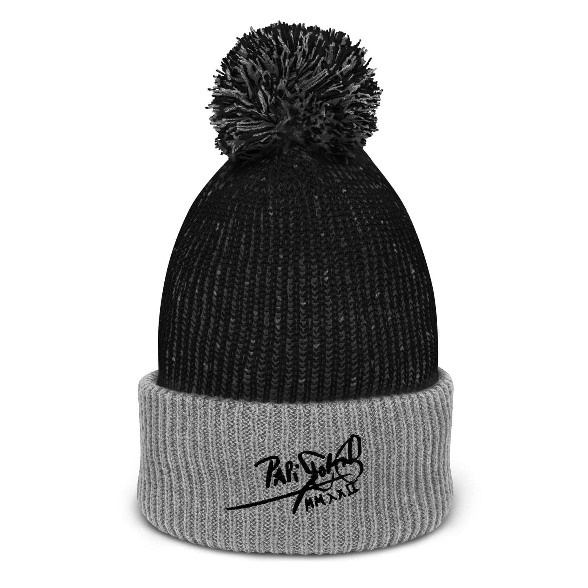 PapiJohn® The Heather Pom-Pom Black Signature Beanie in premium heather grey dual-tone knit front view showcasing the dense ribbed pattern architecture and the top fuzzy pom-pom element | Sala 1 Wearable Art Fashion