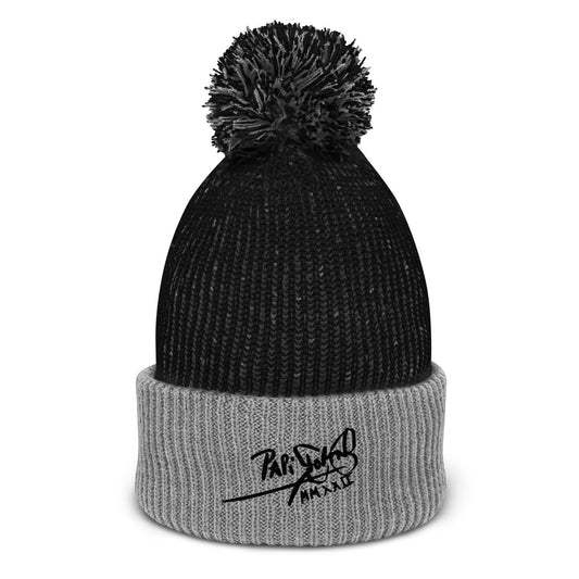 PapiJohn® The Heather Pom-Pom Black Signature Beanie in premium heather grey dual-tone knit front view showcasing the dense ribbed pattern architecture and the top fuzzy pom-pom element | Sala 1 Wearable Art Fashion