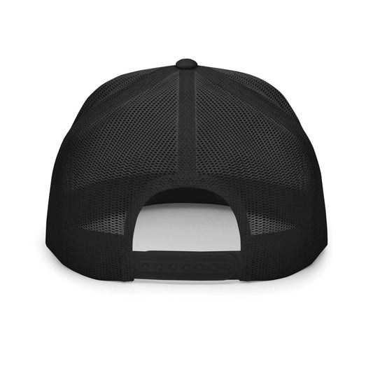 PapiJohn® The Iconic Trucker Tricolor Signature cap in black and white layout back view focusing on the breathable premium black mesh panels structure and matching adjustable plastic snapback strap closure | Artist-Led Streetwear