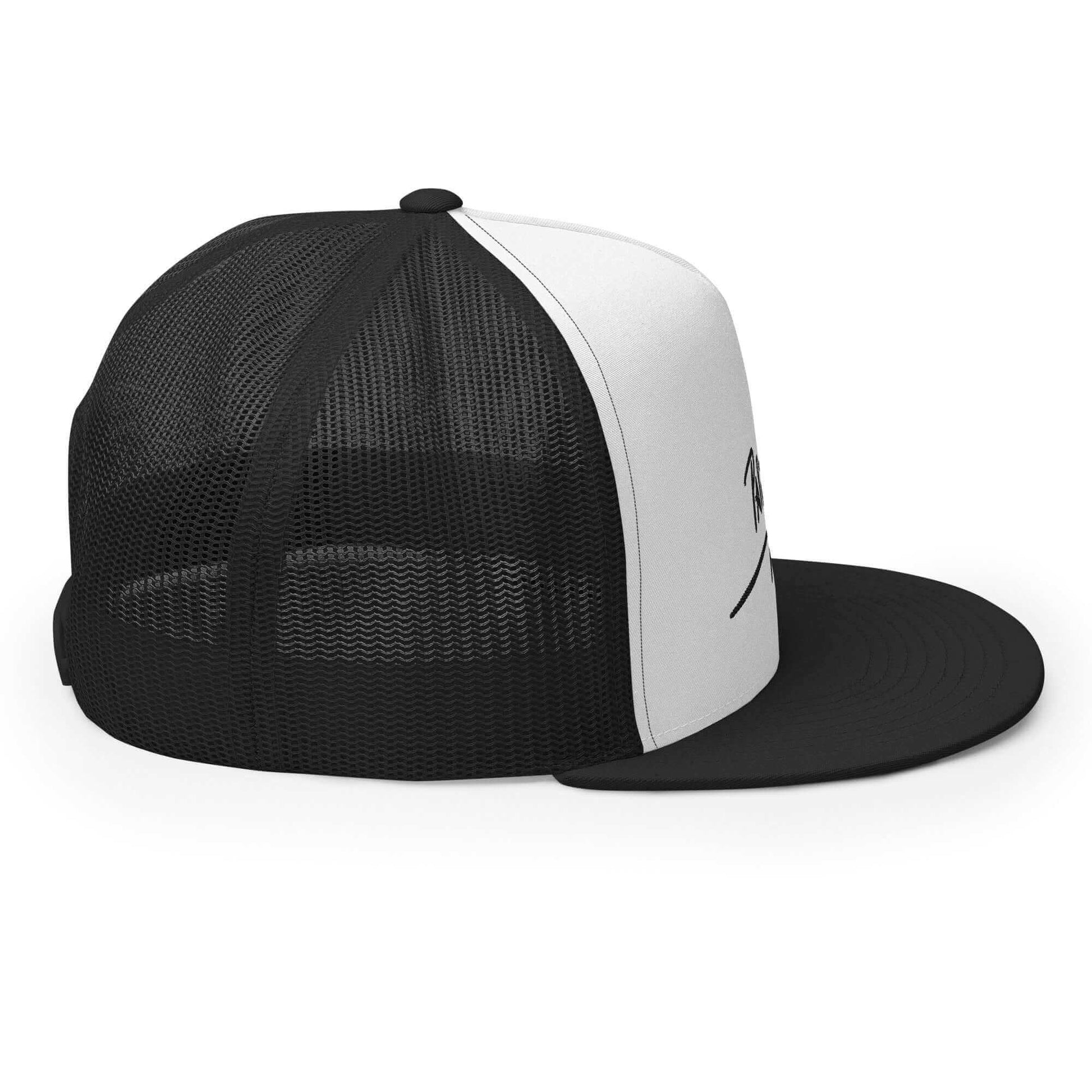 PapiJohn® The Iconic Trucker Tricolor Signature cap in black and white layout right side profile framing the rigid high-profile 5-panel crown elevation, flat visor edge line, and technical seam stitching by $arah Free 💎 | High-Tier Archive