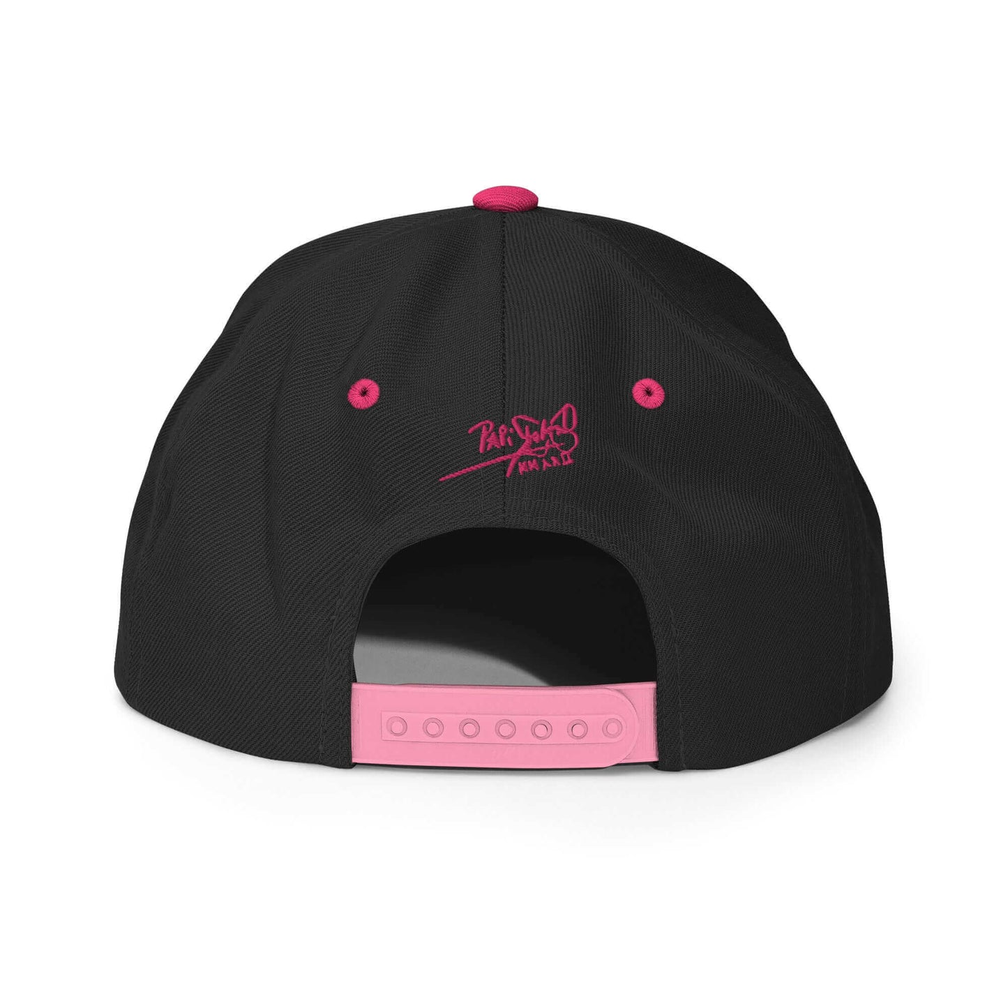 PapiJohn® The Pink Signature Classic Snapback in black and neon flúor pink back perspective tracing the tidy panel connections and retro adjustable snap buckle component | Artist-Led Streetwear