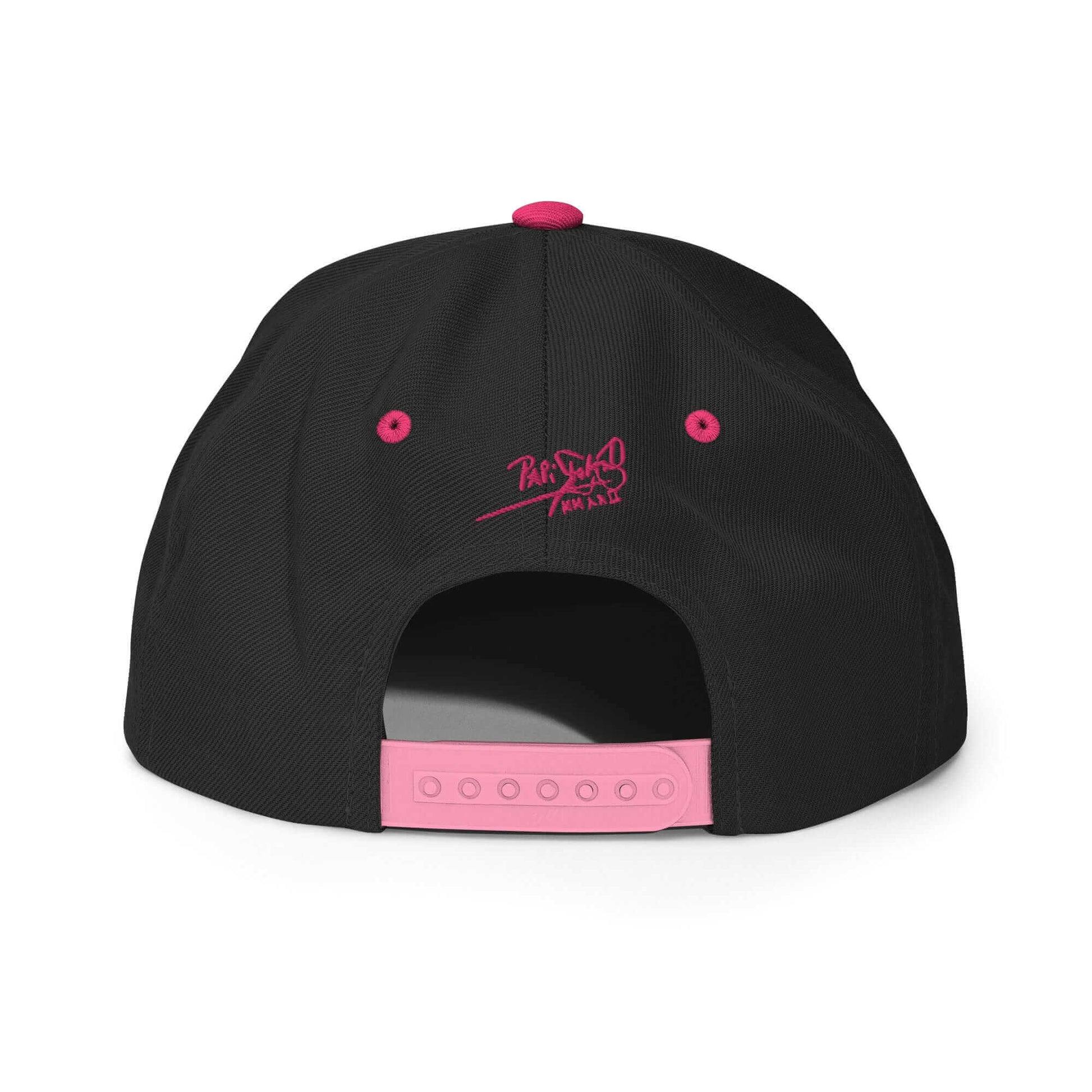 PapiJohn® The Pink Signature Classic Snapback in black and neon flúor pink back perspective tracing the tidy panel connections and retro adjustable snap buckle component | Artist-Led Streetwear