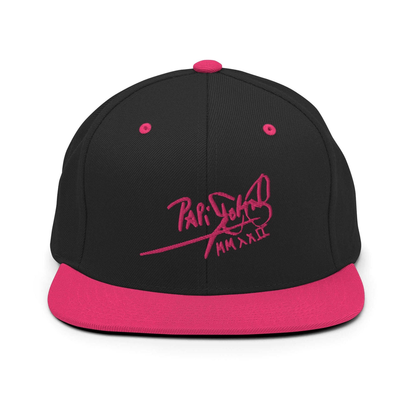 PapiJohn® The Pink Signature Classic Snapback in black and neon flúor pink contrast front layout displaying the volumetric pink thread signature with sharp color-blocked definition | Sala 1 Wearable Art Fashion