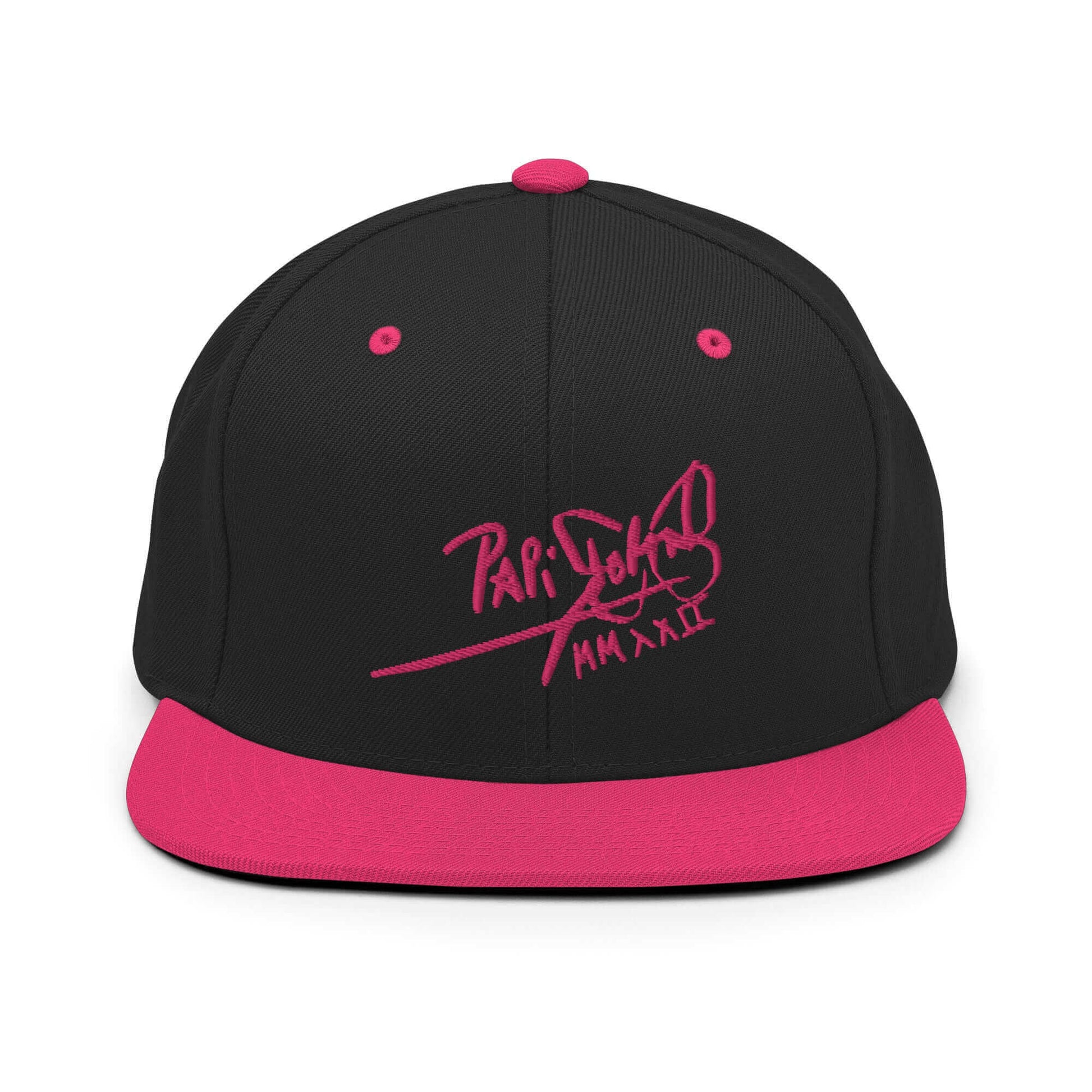 PapiJohn® The Pink Signature Classic Snapback in black and neon flúor pink contrast front layout displaying the volumetric pink thread signature with sharp color-blocked definition | Sala 1 Wearable Art Fashion