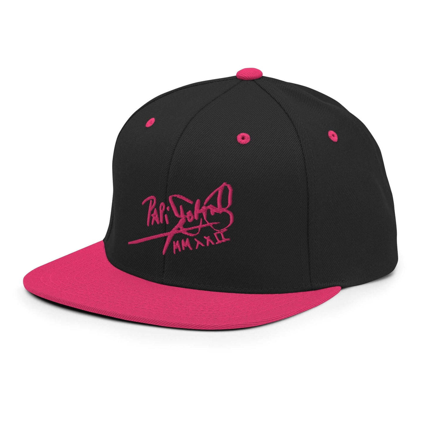 PapiJohn® The Pink Signature Classic Snapback in black and neon flúor pink left side close-up capturing premium fabric panel tension lines by $arah Free 💎 | High-Tier Archive