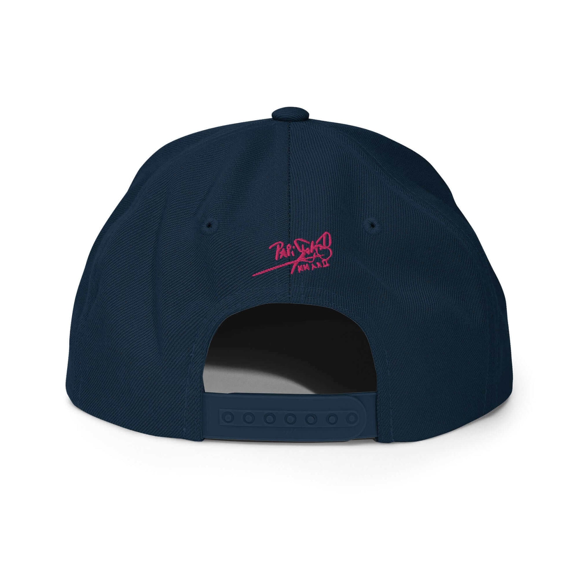 PapiJohn® The Pink Signature Classic Snapback in deep dark navy back layout tracking the premium high-profile multi-panel seams and custom adjustable sizing strap | Artist-Led Streetwear