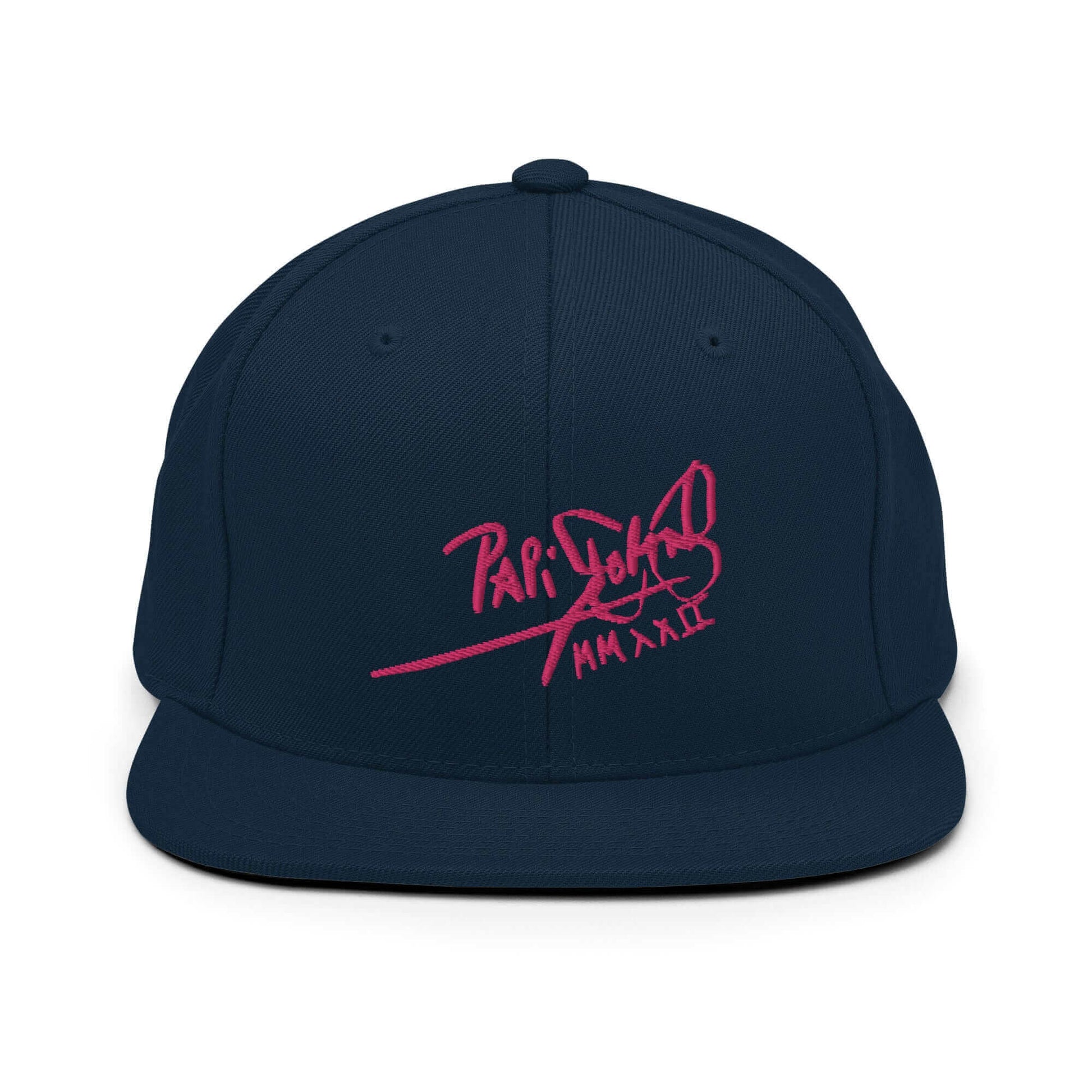 PapiJohn® The Pink Signature Classic Snapback in deep dark navy front view highlighting the intense contrast of the vibrant pink calligraphic branding text embroidered in high-density relief | Sala 1 Wearable Art Fashion