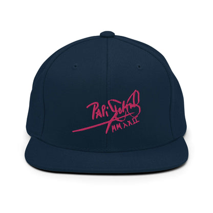 PapiJohn® The Pink Signature Classic Snapback in deep dark navy front view highlighting the intense contrast of the vibrant pink calligraphic branding text embroidered in high-density relief | Sala 1 Wearable Art Fashion
