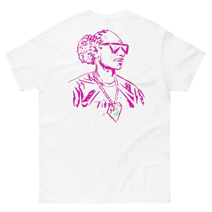 PapiJohn® 🏛️ Sala 5 | The Diamond Legacy | Special Edition — Back view of the White Canvas Tee. Showcasing the iconic West Coast silhouette in a vibrant fuchsia outline, featuring a legendary rhythm figure wearing the Rapper's Diamond chain by $arah Free 💎. A gallery-level archive piece merging classic hip hop bling with honest luxury apparel.