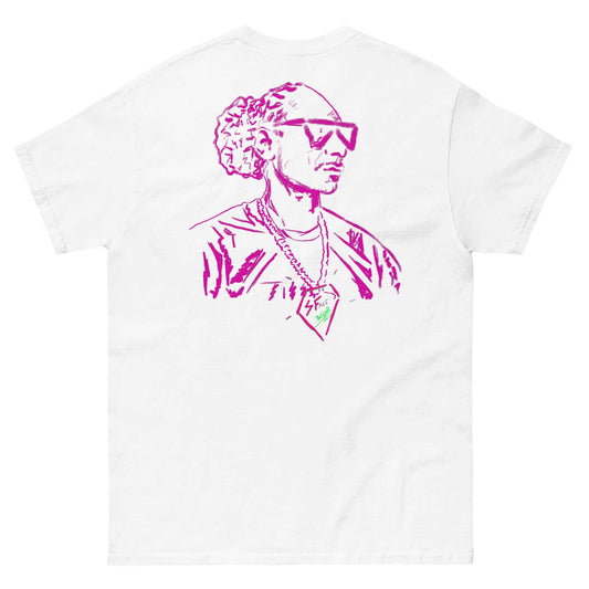 PapiJohn® 🏛️ Sala 5 | The Diamond Legacy | Special Edition — Back view of the White Canvas Tee. Showcasing the iconic West Coast silhouette in a vibrant fuchsia outline, featuring a legendary rhythm figure wearing the Rapper's Diamond chain by $arah Free 💎. A gallery-level archive piece merging classic hip hop bling with honest luxury apparel.