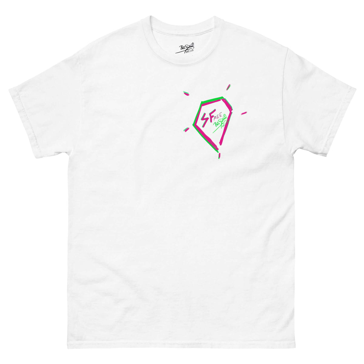 PapiJohn® 🏛️ Sala 5 | The Diamond Legacy | Special Edition — Front view of the White Canvas Tee. Featuring The Identity Diamond on the left chest: a vibrant pink and green outline enclosing the primordial union of SFree and PapiJohn® by $arah Free 💎. High-end conscious luxury streetwear d'auteur curated in Cadifornia.