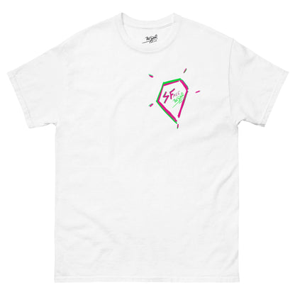 PapiJohn® 🏛️ Sala 5 | The Diamond Legacy | Special Edition — Front view of the White Canvas Tee. Featuring The Identity Diamond on the left chest: a vibrant pink and green outline enclosing the primordial union of SFree and PapiJohn® by $arah Free 💎. High-end conscious luxury streetwear d'auteur curated in Cadifornia.