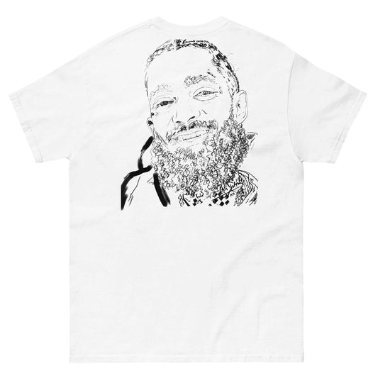PapiJohn® 🏛️ Sala 5 | The Eternal Smile | Origin Sketch Canvas — Back view of the White Canvas Tee. Showcasing "The Sketched Smile - Origin Edition" by $arah Free 💎, a masterful fine-line analog portrait capturing the imperishable smile of the eternal Crenshaw legend. Flawless black ink contrast on white cotton projecting the marathon soul through honest luxury apparel.