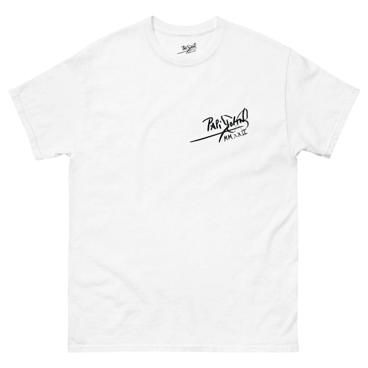 PapiJohn® 🏛️ Sala 5 | The Eternal Smile | Origin Sketch Canvas — Front view of the White Canvas Tee. Featuring the minimalist Classic Signature in pure black on the left chest, maintaining absolute visual balance and sobriety for this return-to-origins piece. High-end conscious luxury streetwear d'auteur curated in Cadifornia.