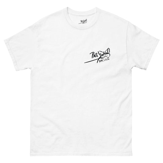 PapiJohn® 🏛️ Sala 5 | The Eternal Smile | Origin Sketch Canvas — Front view of the White Canvas Tee. Featuring the minimalist Classic Signature in pure black on the left chest, maintaining absolute visual balance and sobriety for this return-to-origins piece. High-end conscious luxury streetwear d'auteur curated in Cadifornia.