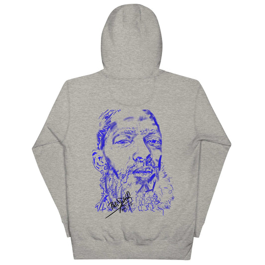 PapiJohn® 🏛️ Sala 5 | The Legacy Lines | Archive Edition — Back view of the Carbon Grey Premium Canvas. Showcasing "The Ghost Portrait" by $arah Free 💎, a minimalist electric blue hand-drawn tribute to an eternal marathon legend. The background-free design creates a seamless industrial tattoo effect on honest luxury apparel.