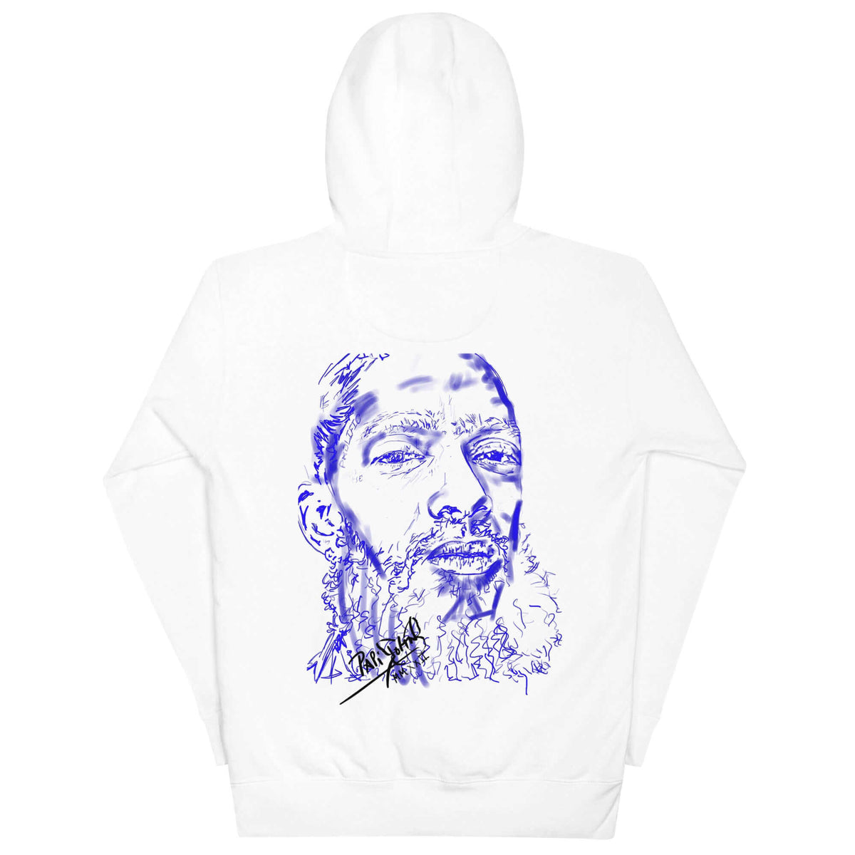 PapiJohn® 🏛️ Sala 5 | The Legacy Lines | Archive Edition — Back view of the White Premium Canvas. Featuring "Blue Marathon Strokes" by $arah Free 💎, capturing the strength of the legend through clean, background-free lines. High-end conscious luxury gestated in Cadifornia offering an unmatched fresh electric contrast.