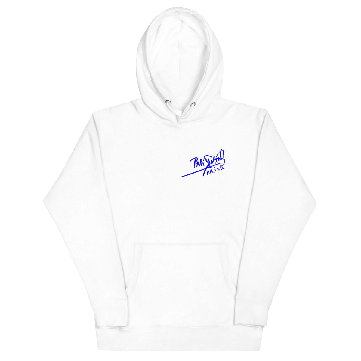 PapiJohn® 🏛️ Sala 5 | The Legacy Lines | Archive Edition — Front view of the pure White Premium Canvas. Displaying a crisp electric blue classic house signature on the left chest. A premium foundation for real ones seeking enduring cultural legacy and conscious art.