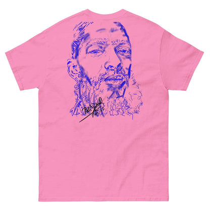 PapiJohn® 🏛️ Sala 5 | The Neon Blue Marathon — Back view of the Azalea Canvas Tee. The background-free neon blue stroke by $arah Free 💎 generates an explosive optical vibration over the bright pink canvas, merging honest luxury with an unbreakable legacy.