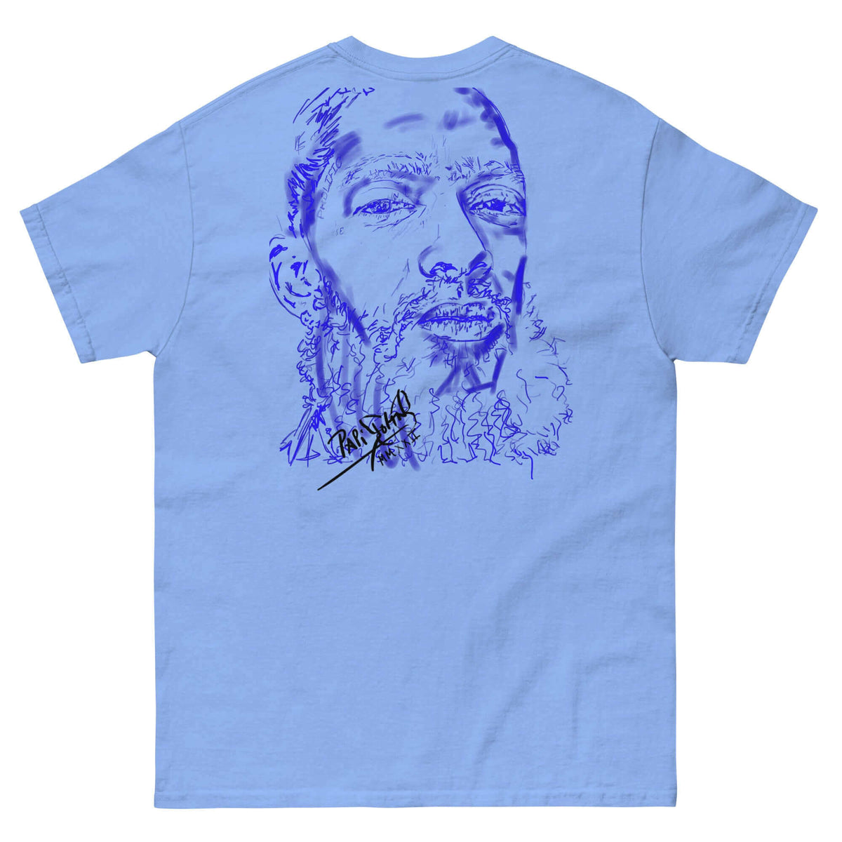 PapiJohn® 🏛️ Sala 5 | The Neon Blue Marathon — Back view of the Carolina Blue Canvas Tee. "The Neon Blue Sketch" by $arah Free 💎 creates a luxurious tonal harmony, allowing the background-free strokes to blend seamlessly with the coastal blue fabric.