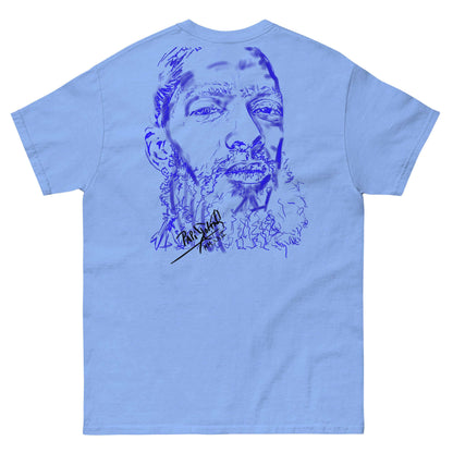 PapiJohn® 🏛️ Sala 5 | The Neon Blue Marathon — Back view of the Carolina Blue Canvas Tee. "The Neon Blue Sketch" by $arah Free 💎 creates a luxurious tonal harmony, allowing the background-free strokes to blend seamlessly with the coastal blue fabric.