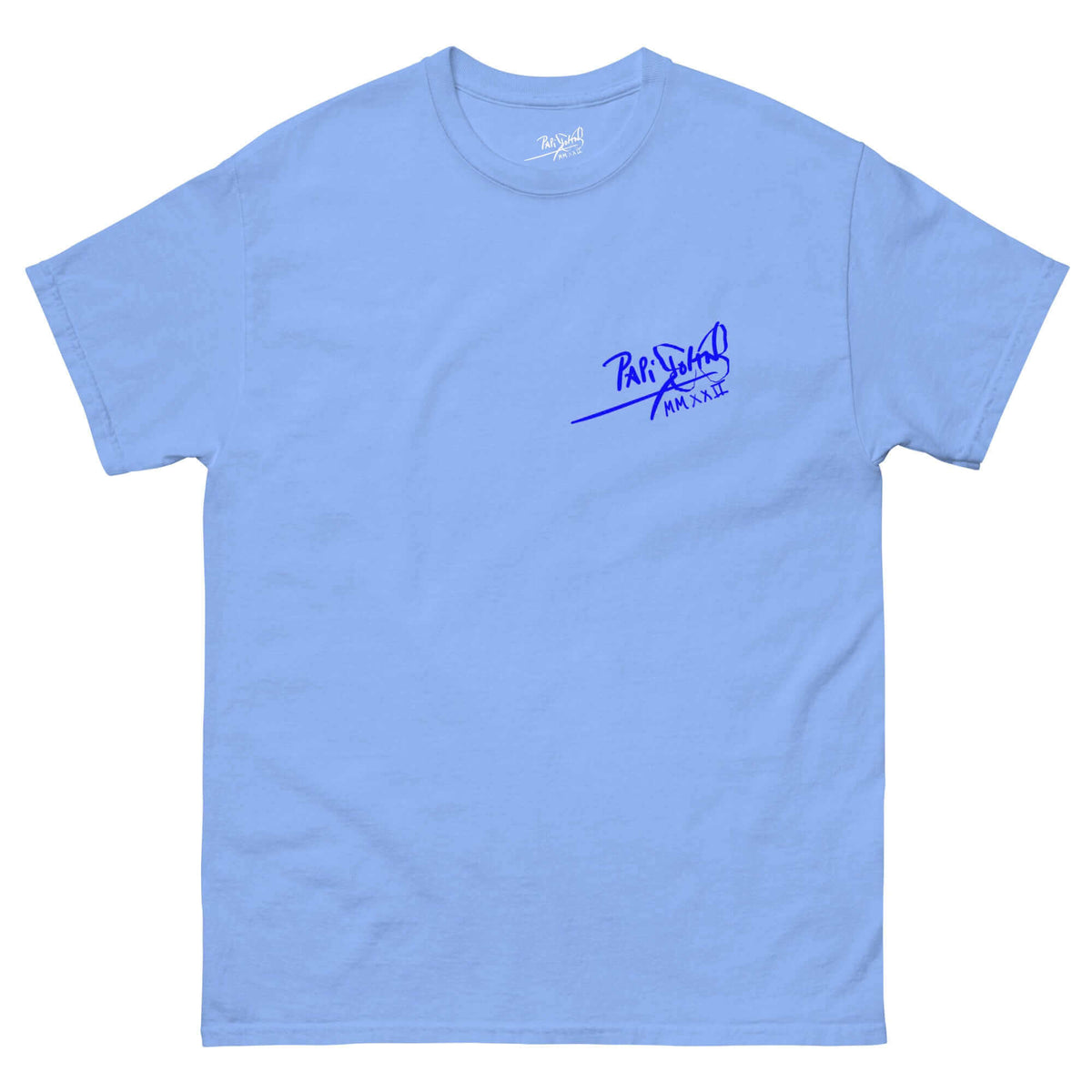 PapiJohn® 🏛️ Sala 5 | The Neon Blue Marathon — Front view of the Carolina Blue Canvas Tee, anchored by a matching blue house signature on the left chest. Streetwear d'auteaur.