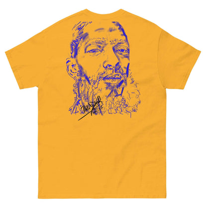 PapiJohn® 🏛️ Sala 5 | The Neon Blue Marathon — Back view of the Gold Canvas Tee. Featuring a glowing neon blue minimalist sketch of the marathon legend by $arah Free 💎, standing out organically against the vibrant golden canvas. Conscious luxury streetwear and urban art curated in Cadifornia.