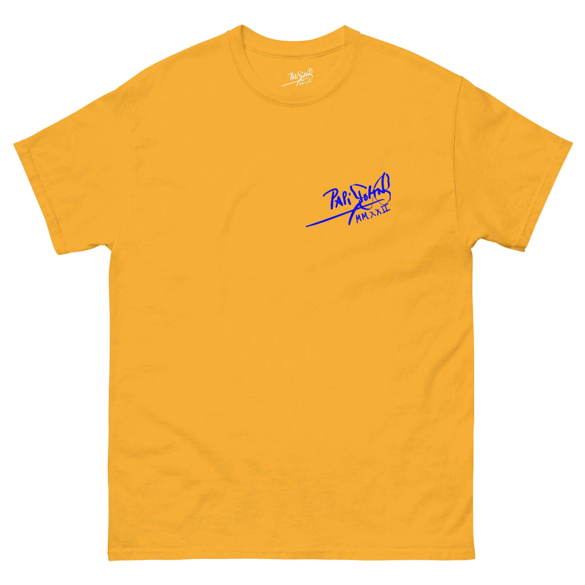 PapiJohn® 🏛️ Sala 5 | The Neon Blue Marathon — Front view of the Gold Canvas Tee featuring the blue PapiJohn® identity signature.