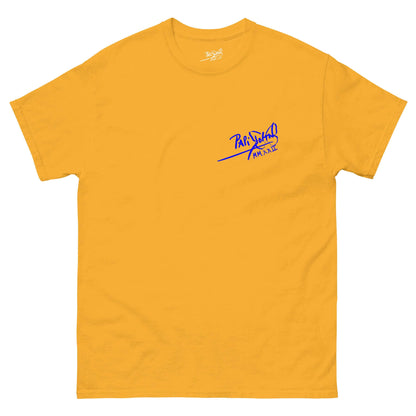 PapiJohn® 🏛️ Sala 5 | The Neon Blue Marathon — Front view of the Gold Canvas Tee featuring the blue PapiJohn® identity signature.