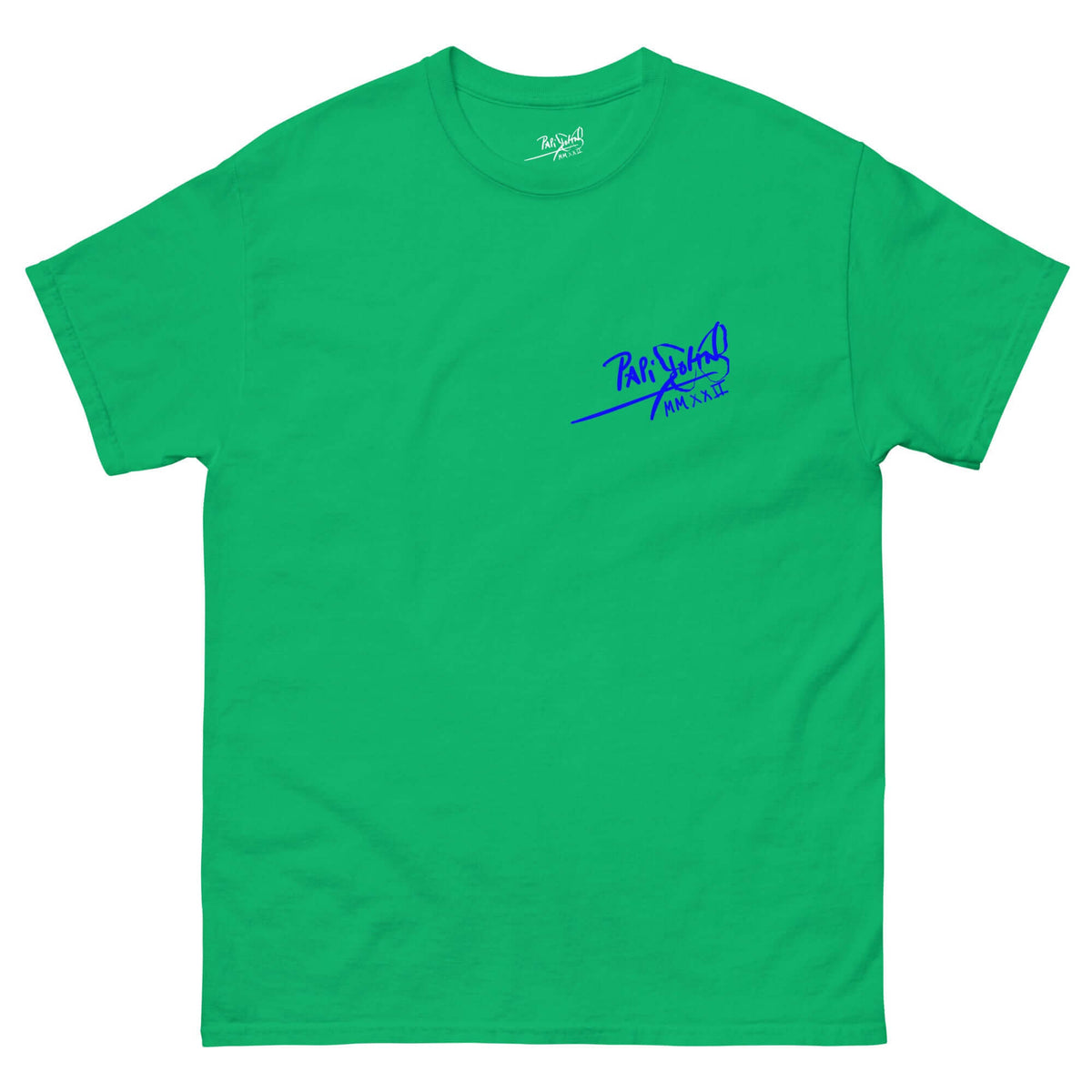 PapiJohn® 🏛️ Sala 5 | The Neon Blue Marathon — Front view of the Irish Green Canvas Tee. Featuring the classic PapiJohn® signature in blue on the left chest. Honest luxury streetwear curated in Cadifornia.
