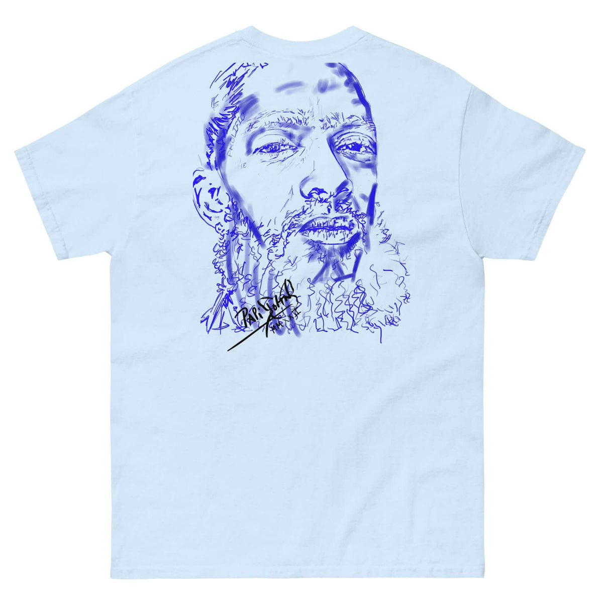 PapiJohn® 🏛️ Sala 5 | The Neon Blue Marathon — Back view of the Light Blue Canvas Tee. Showcasing the background-free neon blue marathon sketch by $arah Free 💎, offering a subtle, high-end tonal aesthetic for the real ones who appreciate authentic West Coast streetwear.