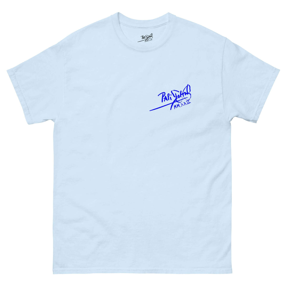 PapiJohn® 🏛️ Sala 5 | The Neon Blue Marathon — Front view of the Light Blue Canvas Tee. Displaying a crisp blue classic house signature on the chest, acting as the foundation for this honest luxury archive piece gestated in Cadifornia.