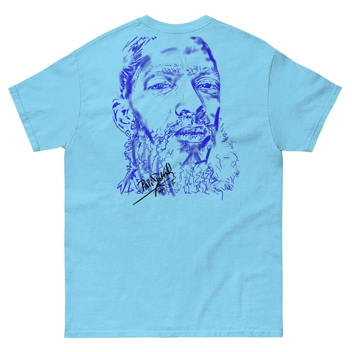 PapiJohn® 🏛️ Sala 5 | The Neon Blue Marathon — Back view of the Sky Blue Canvas Tee. Featuring the raw neon blue hand-drawn stroke portrait of an eternal marathon legend by $arah Free 💎. Radiating a monochromatic coastal elegance, conscious art, and honest luxury.