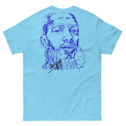 PapiJohn® 🏛️ Sala 5 | The Neon Blue Marathon — Back view of the Sky Blue Canvas Tee. Featuring the raw neon blue hand-drawn stroke portrait of an eternal marathon legend by $arah Free 💎. Radiating a monochromatic coastal elegance, conscious art, and honest luxury.