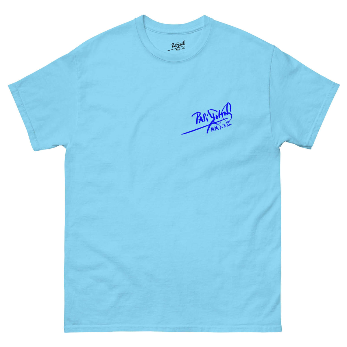 PapiJohn® 🏛️ Sala 5 | The Neon Blue Marathon — Front view of the Sky Blue Canvas Tee. Featuring the classic PapiJohn® signature in blue on the left chest. High-end conscious luxury apparel and authentic streetwear d'auteur curated in Cadifornia.