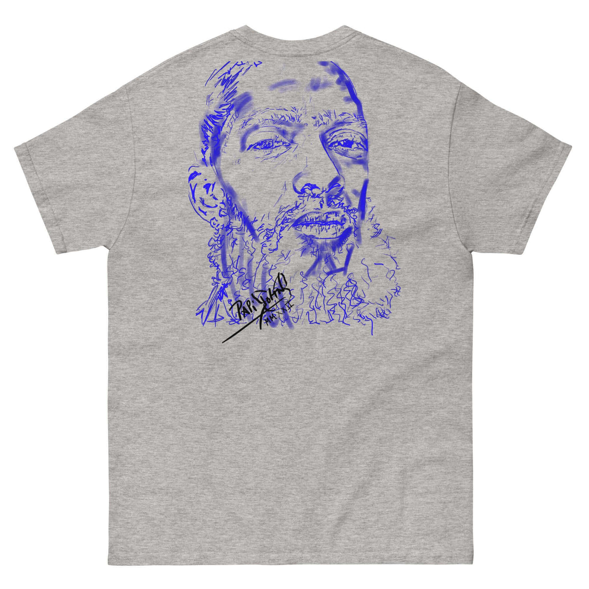 PapiJohn® 🏛️ Sala 5 | The Neon Blue Marathon — Back view of the Sport Grey Canvas Tee. Displaying the neon blue hand-drawn legend portrait by $arah Free 💎. The background-free sketch integrates powerfully into the athletic heather texture, creating a gallery-level tribute to the marathon legacy.