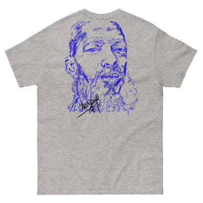 PapiJohn® 🏛️ Sala 5 | The Neon Blue Marathon — Back view of the Sport Grey Canvas Tee. Displaying the neon blue hand-drawn legend portrait by $arah Free 💎. The background-free sketch integrates powerfully into the athletic heather texture, creating a gallery-level tribute to the marathon legacy.