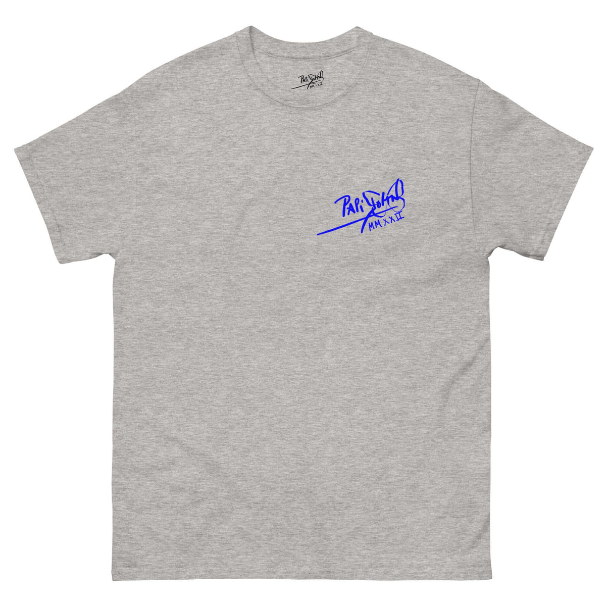 PapiJohn® 🏛️ Sala 5 | The Neon Blue Marathon — Front view of the Sport Grey Canvas Tee. Anchored by the blue PapiJohn® identity seal on the left chest. Pure streetwear d'auteur and high-end conscious art gestated in Cadifornia.