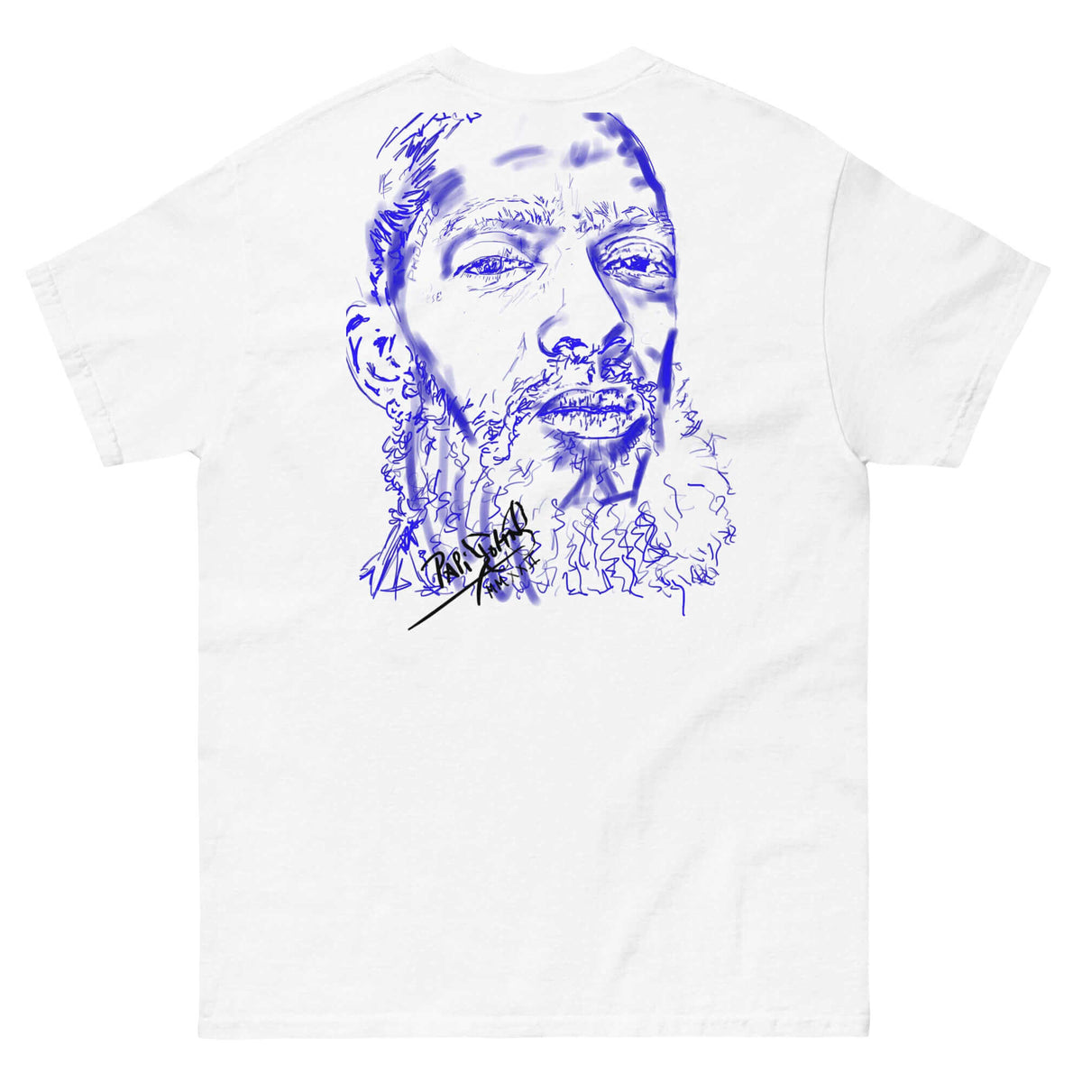 PapiJohn® 🏛️ Sala 5 | The Neon Blue Marathon — Back view of the White Canvas Tee. Showcasing the neon blue marathon sketch by $arah Free 💎. The pure white canvas allows the electric blue hand-drawn strokes to pop with immaculate clarity, defining honest luxury and eternal legacy.