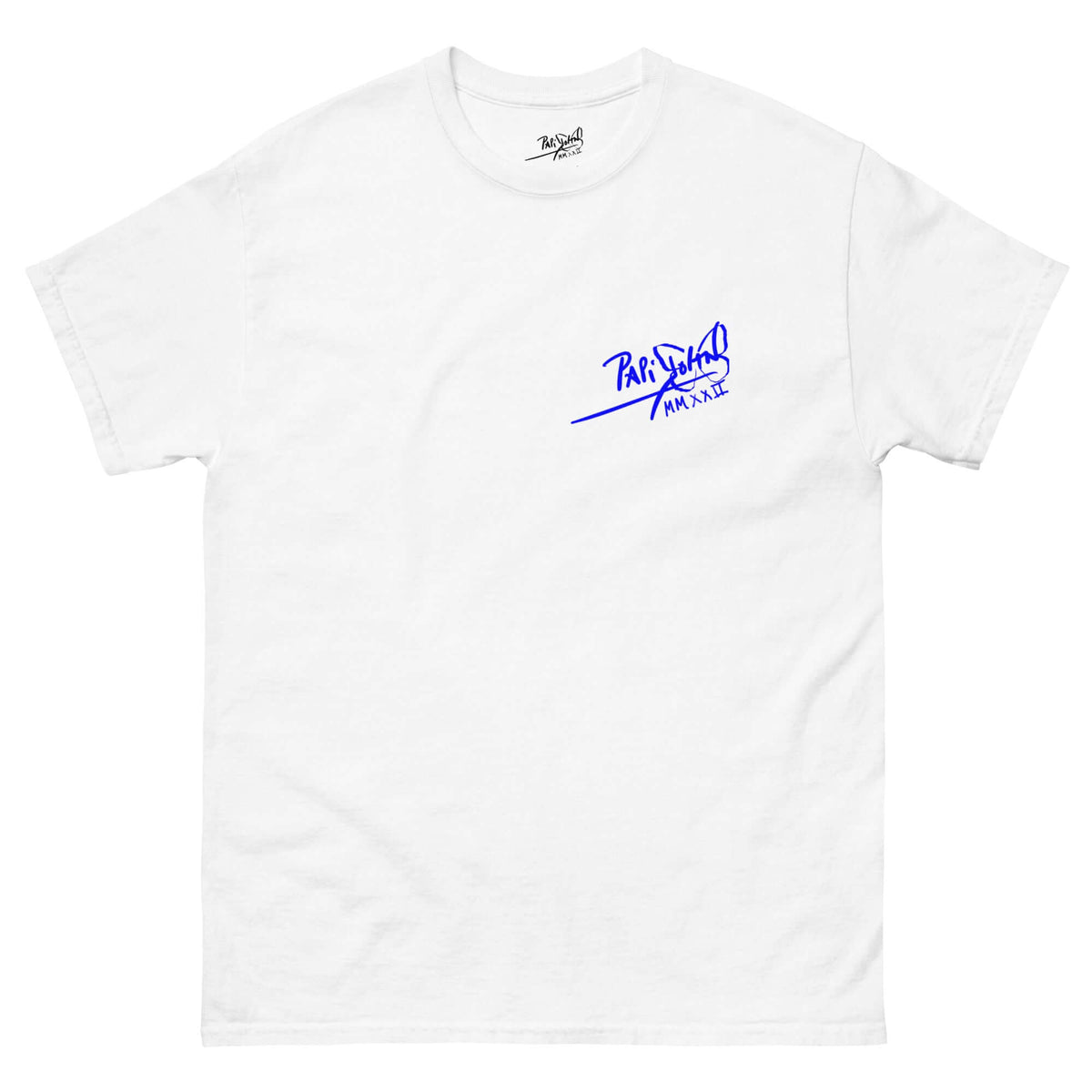 PapiJohn® 🏛️ Sala 5 | The Neon Blue Marathon — Front view of the White Canvas Tee. Featuring a sharp electric blue signature on the left chest. A premium foundation for conscious luxury streetwear and urban art curated in Cadifornia.