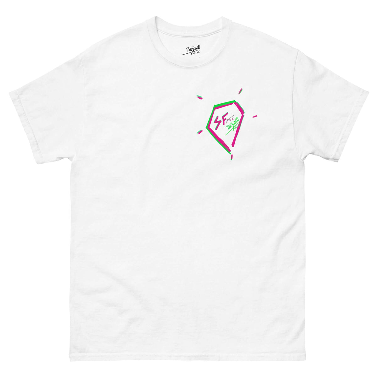 PapiJohn® 🏛️ Sala 5 | The Signature Diamond | Hip Hop Identity Canvas — Front view of the White Canvas Tee. Featuring the iconic Identity Diamond on the left chest with vibrant pink and green neon outlines by $arah Free 💎. A premium heraldic shield of authenticity and honest luxury streetwear curated in Cadifornia.