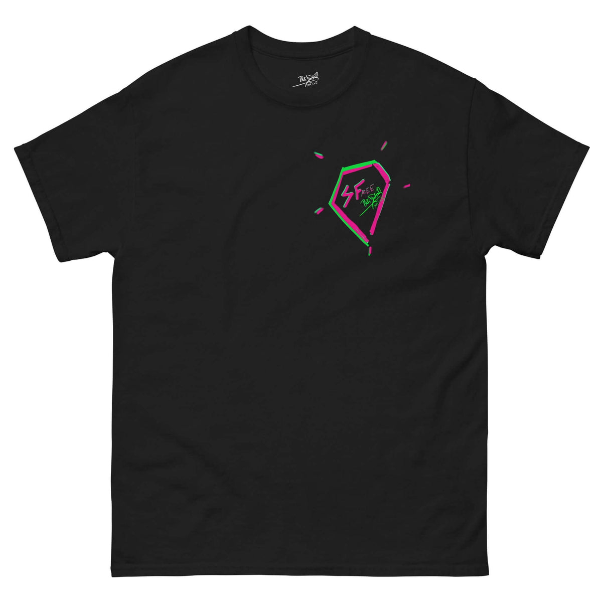 PapiJohn® 🏛️ Sala 5 | The Signature Diamond | Hip Hop Identity Canvas — Front view of the Black Canvas Tee. Displaying the definitive Signature Diamond in pink and green neon on the left chest by $arah Free 💎, creating a vibrant magnetic contrast against the heavy black cotton. Authentic artist-driven streetwear and honest luxury gestated in Cadifornia.