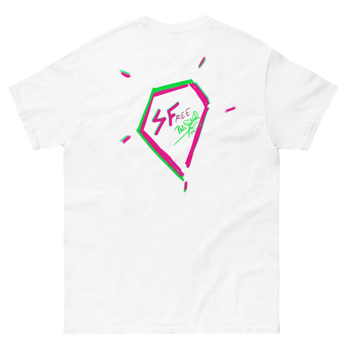 PapiJohn® 🏛️ Sala 5 | The Signature Diamond | Hip Hop Identity Canvas — Back view of the White Canvas Tee. Showcasing the Double Diamond Impact in a large format, capturing the raw vector matrix of the rapper's diamond by $arah Free 💎 on heavy white cotton. High-end minimalist bling symbology and conscious luxury apparel.