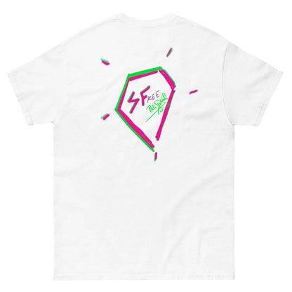 PapiJohn® 🏛️ Sala 5 | The Signature Diamond | Hip Hop Identity Canvas — Back view of the White Canvas Tee. Showcasing the Double Diamond Impact in a large format, capturing the raw vector matrix of the rapper's diamond by $arah Free 💎 on heavy white cotton. High-end minimalist bling symbology and conscious luxury apparel.