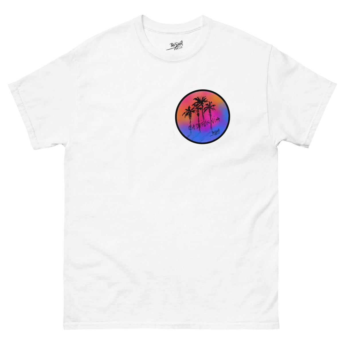 PapiJohn® 🏛️ Sala 5 | The Sunset Icon | Cadifornia Dream Canvas — Front view of the White Canvas Tee. Featuring a compact crest format of "The Sunset Lens" art on the left chest by $arah Free 💎, showcasing vibrant sunset spray textures and sketched palms on pure white cotton. High-end conscious luxury streetwear d'auteur curated in Cadifornia.