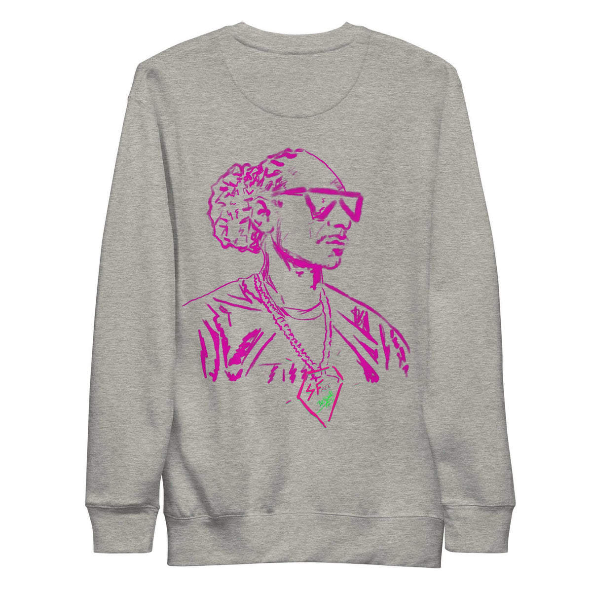 PapiJohn® 🏛️ Sala 5 | The West Coast Legacy | Premium Fleece Canvas — Back view of the Carbon Grey Crewneck. Highlighting an analog neon pink pilot sketch of an old school rap legend by $arah Free 💎. Honest luxury apparel merging classic West Coast street culture with flawless architectural drape.