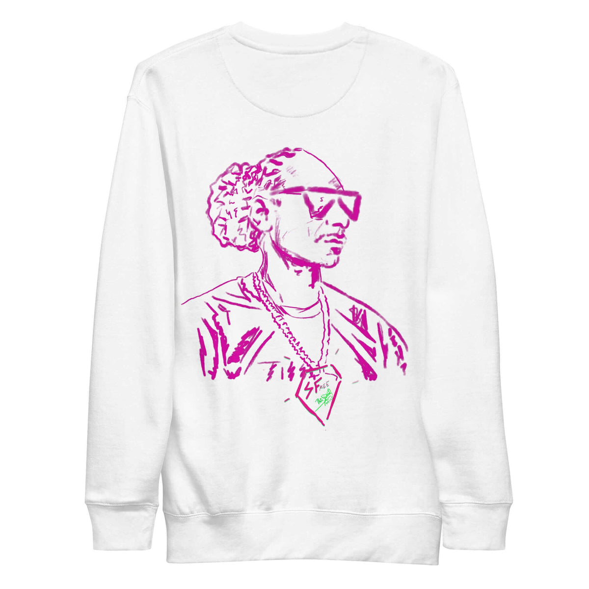 PapiJohn® 🏛️ Sala 5 | The West Coast Legacy | Premium Fleece Canvas — Back view of the White Crewneck. Showcasing a visceral neon fuchsia hand-drawn tribute to West Coast hip hop roots by $arah Free 💎. Premium brushed fleece interior, gallery archive piece, and wearable art curated in Cadifornia.