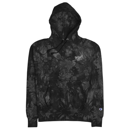 PapiJohn® 🏛️ Sala 5 | The Tie-Dye Reverse | Champion® Heritage — Primary front view of the Black Tie-Dye Champion Reverse Weave® Hoodie. Featuring the classic PapiJohn® signature embroidered on the left chest, contrasting powerfully with the dark electric coastal tie-dye canvas. Legendary athletic durability meets Cadifornia streetwear d'auteur.