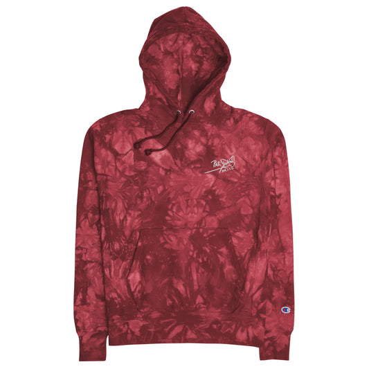 PapiJohn® 🏛️ Sala 5 | The Tie-Dye Reverse | Champion® Heritage — Front view of the Mulled Berry Tie-Dye Champion Reverse Weave® Hoodie. Showcasing the embroidered PapiJohn® signature on the left chest against a unique berry tie-dye canvas. High-end cross-grain heritage apparel designed with love in Cadifornia. Stay rebel.